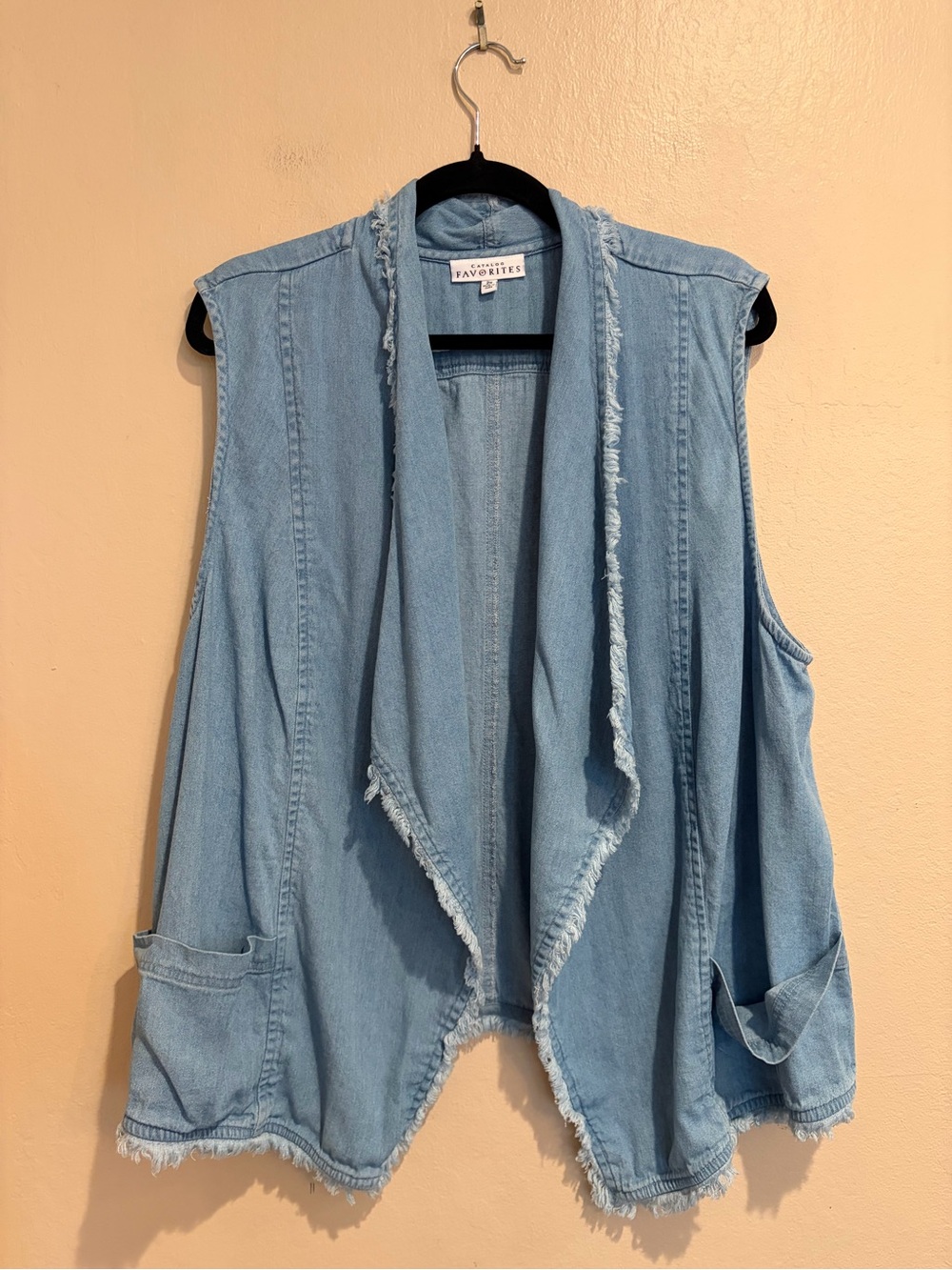 Light Blue Denim Denim Long Vest w/ Frayed Hem, Open Pockets, Size 2X